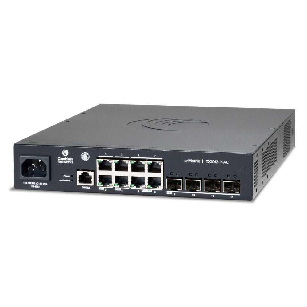 Cambium Networks MXTX1012GxPF00 cnMatrix TX1012-P-AC, AC Powered Intelligent Ethernet PoE Switch, 8 x 1Gbps, and 4 SFP+