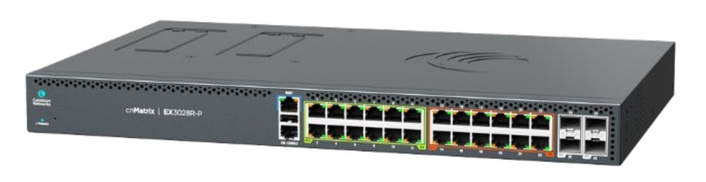 Cambium Networks MXEX3028GxPA10 cnMatrix EX3028R-P, Intelligent Ethernet Switch, 24 1G(12 PoE+ ports and 12 4PPoE ports(60W)) and 4 SFP+ ports, , Dual/Removeable power supplies (not included) - no power cord