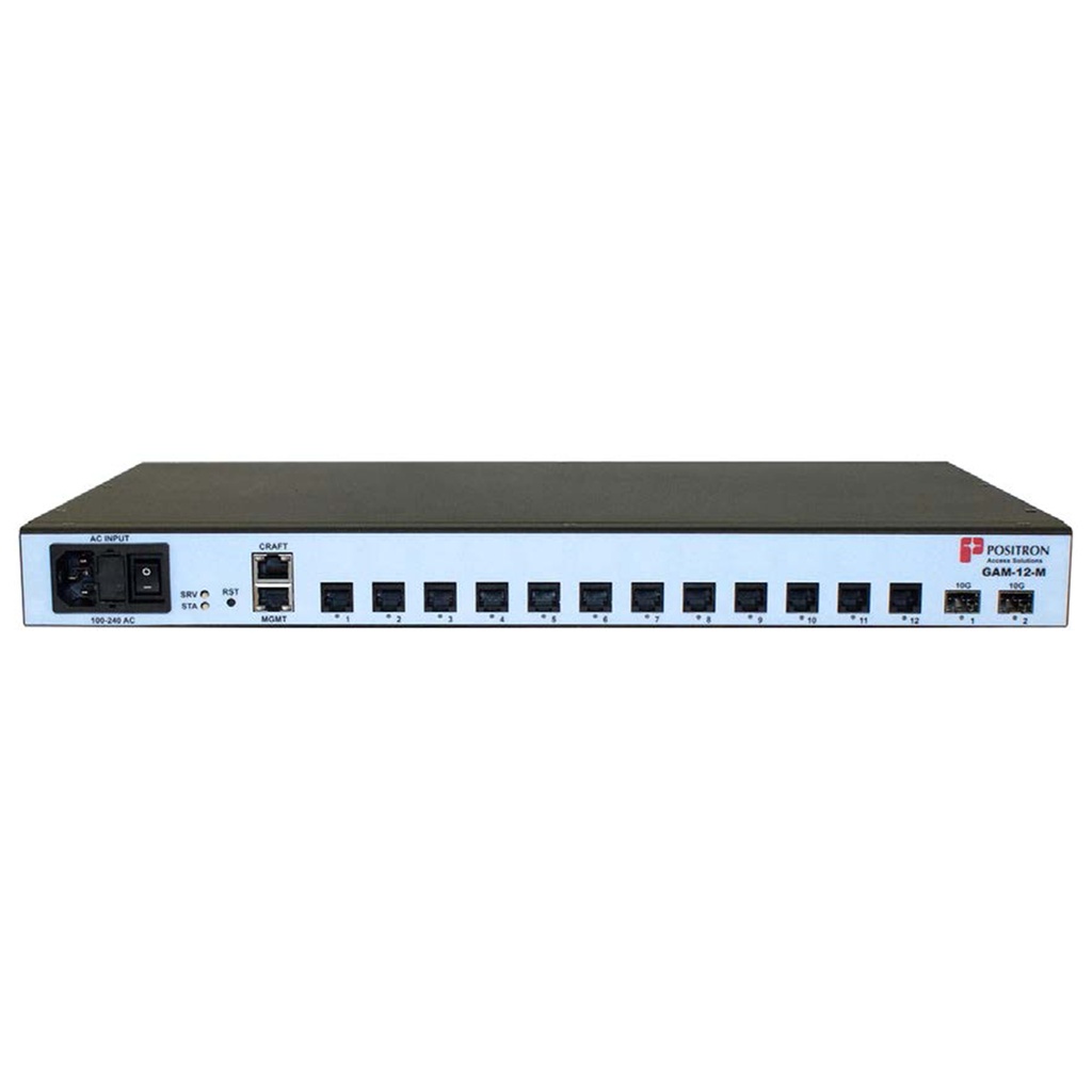 Positron GAM-12-M-AU G.hn Access Multiplexer (GAM) with 12 dual-pair (MIMO) copper ports and 2 x 10 Gbps SFP+ ports