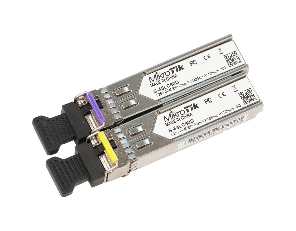 MikroTik S-4554LC80D Pair of SFP modules, S-45LC80D (1.25G SM 80km 1490nm) and S-54LC80D (1.25G SM 80km 1550nm)