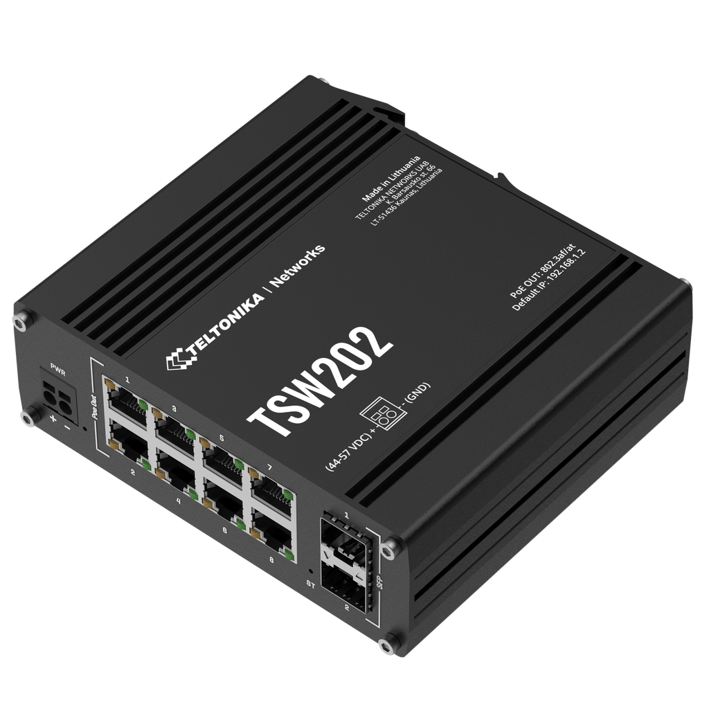 Teltonika TSW202 10 Port Industrial Managed PoE+ Layer 2 Switch with 8 Port PoE+ and 2 SFP slots, Layer3 Features PSU not included