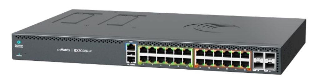Cambium Networks MXEX3030MxPA10 cnMatrix EX3030RM-P, Intelligent Ethernet Switch, 24 MG(2.5G) ports with 4PPoE(90W) , and 6 SFP28,  25Gbps ports. Dual/Removeable power supplies (not included) - no pwr cord