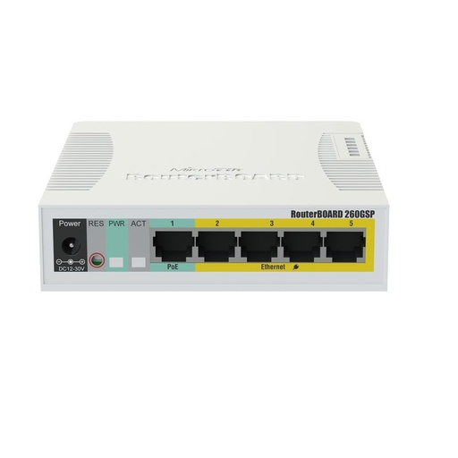 [CSS106-1G-4P-1S] MikroTik CSS106-1G-4P-1S RB260GSP 5-port Gigabit smart switch with SFP cage, SwOS, plastic case, PSU, POE-OUT