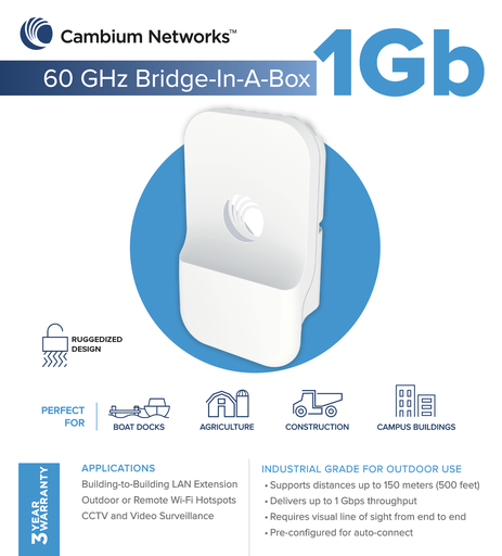 [C600510C008A] Cambium Networks C600510C008A 60GHz Bridge in a Box 1Gb with ANZ Cord